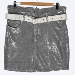 IRO Silver Sequin Mini Skirt with White Belt